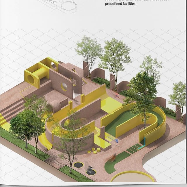 Isometric render of a playground in terracotta and yellow: curved walls, ramps, steps and circular openings threaded through with trees and planting.