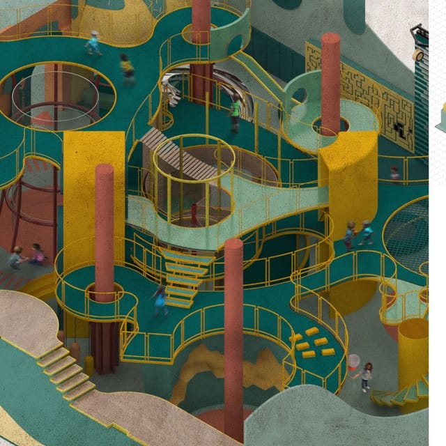 Cutaway isometric of an indoor playground in teal, ochre and terracotta: circular nets, spiral stairs, tube slides and mezzanine walkways stacked through several levels.