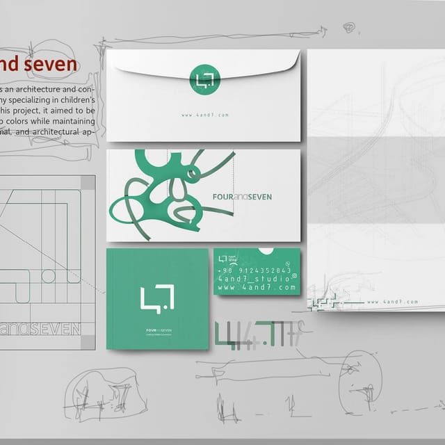 Four and Seven identity in green and white: logo construction grid, envelope, business cards, letterhead and a looping brand illustration.