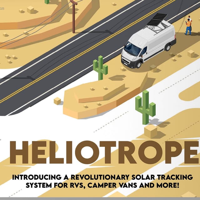 Flat isometric illustration of a desert highway in ochre and sand, a white camper van with a roof-mounted solar array, and the word Heliotrope set large below.