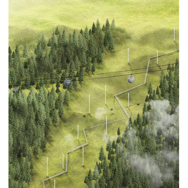 Aerial render of a raised walkway threading through dense conifer forest and open meadow on a misty mountainside, with cable-car cabins crossing above.