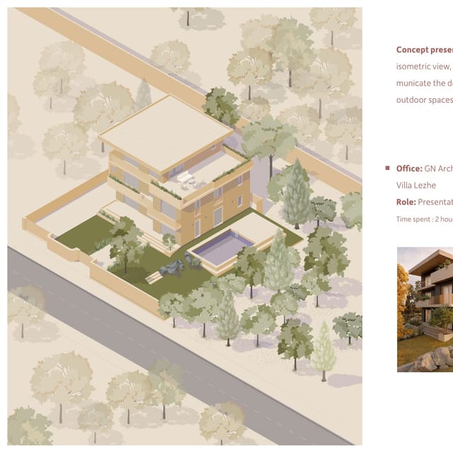 Isometric illustration of a three-storey villa in sand and olive tones, with a roof terrace, a pool, planted garden and a road running past between drawn trees.