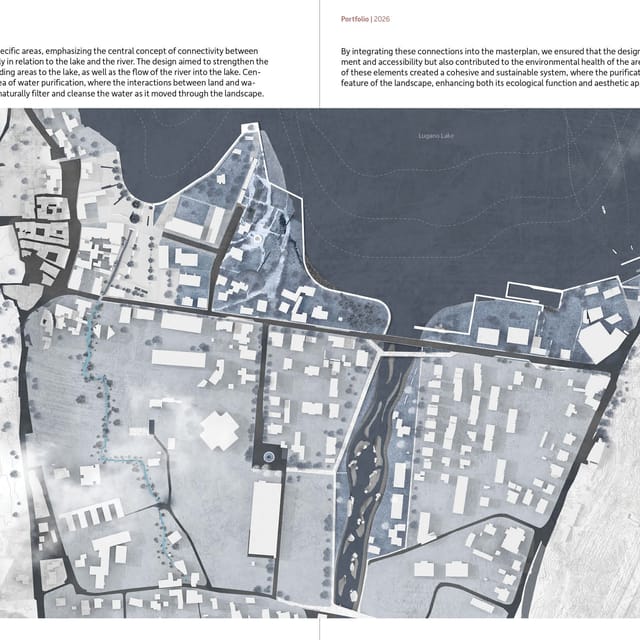 Masterplan of the Lugano lakeshore in tonal greys and blues, showing the town grid, the river corridor and the purifying landforms meeting Lake Lugano.