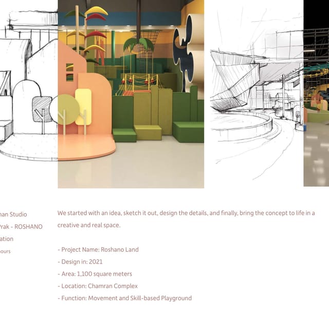 A strip of four images alternating hand sketch and finished render: entrance masses in line, then the same space in orange and green, then a line perspective of the long hall, then the built hall.