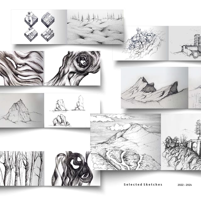 A loose grid of pen and pencil sketches: mountain ranges, rock formations, a hill town, twisting wood grain, bare trees and a cliffside viaduct.