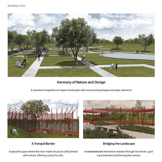 Render of a park with mown lawns, mature trees, a still water basin and paved paths, with people sitting and walking through it.
