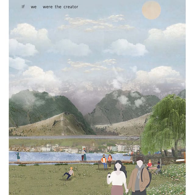 Illustrated render of a riverside meadow in flower, a couple walking through it, a willow to one side and mountains beyond a blue river under a cloud-filled sky.